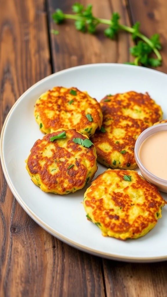 Baked vegetable fritters on a plate with herbs and dipping sauce, showcasing a crispy texture.